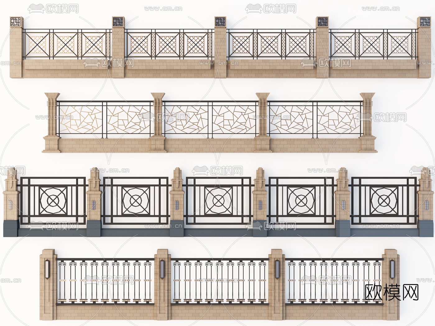 欧式围墙铁艺围栏3d模型下载（渲染图1）