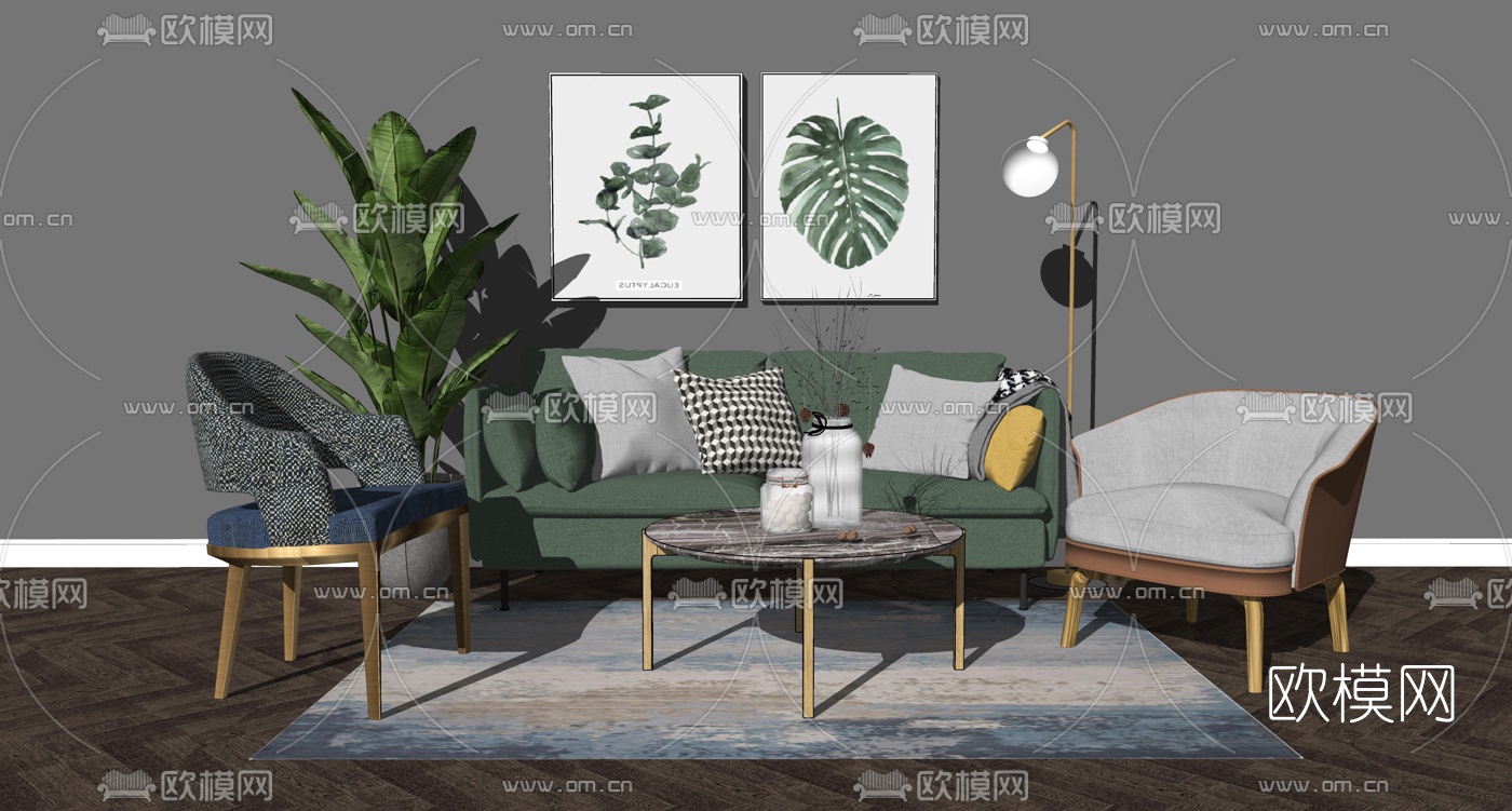 北欧布艺沙发组合su模型下载