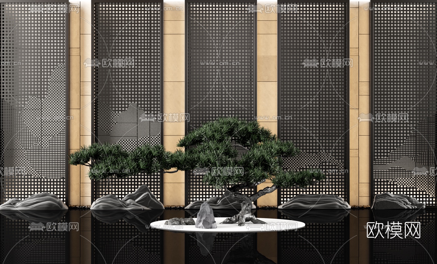 新中式松树假山园艺小品3d模型