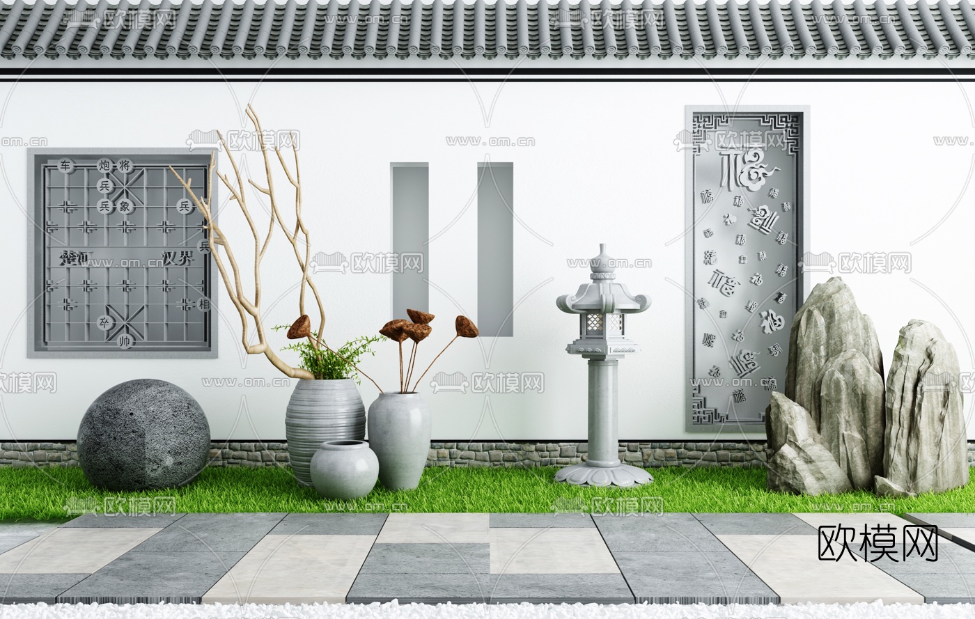 新中式庭院景观小品3d模型下载