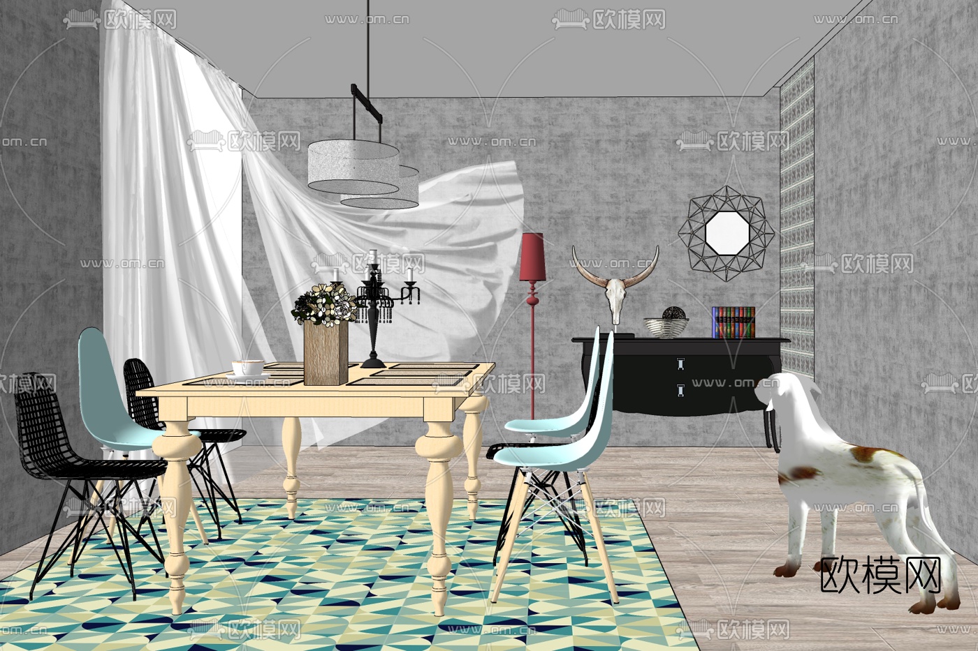 美式实木餐桌椅免费su模型下载