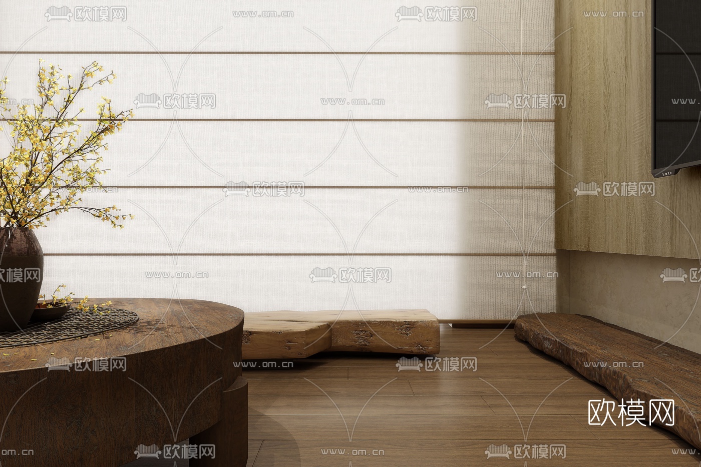 自然风原木多人沙发组合3d模型下载（渲染图4）