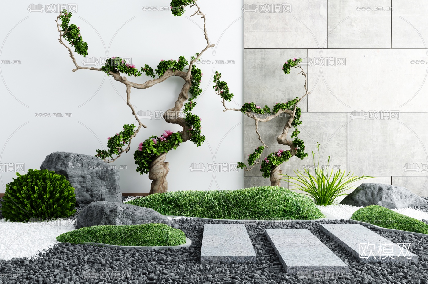 新中式绿植山石景观小品3d模型