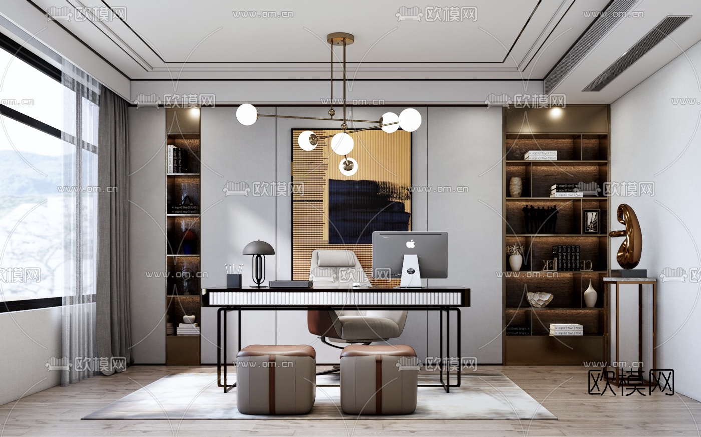 现代轻奢书房su模型