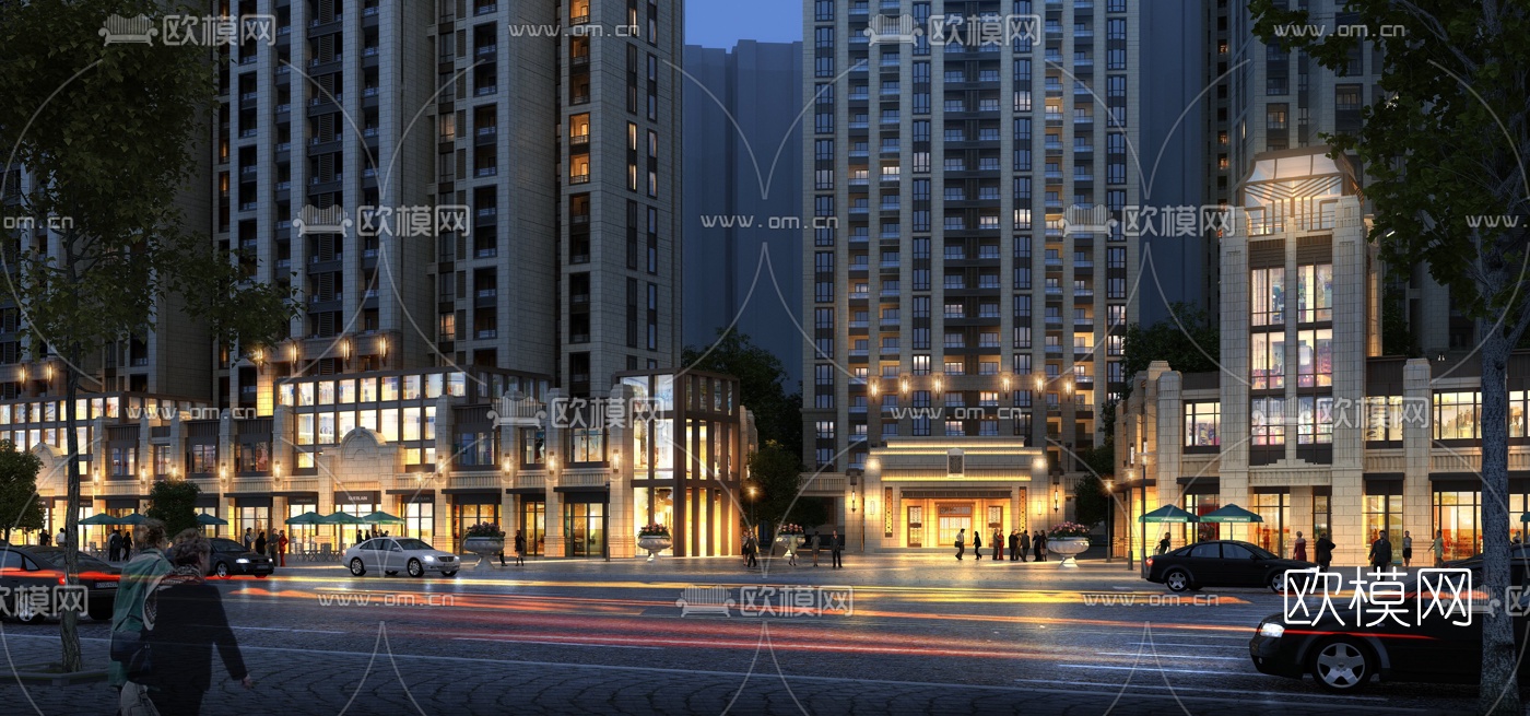 欧式商业街夜景外观3d模型