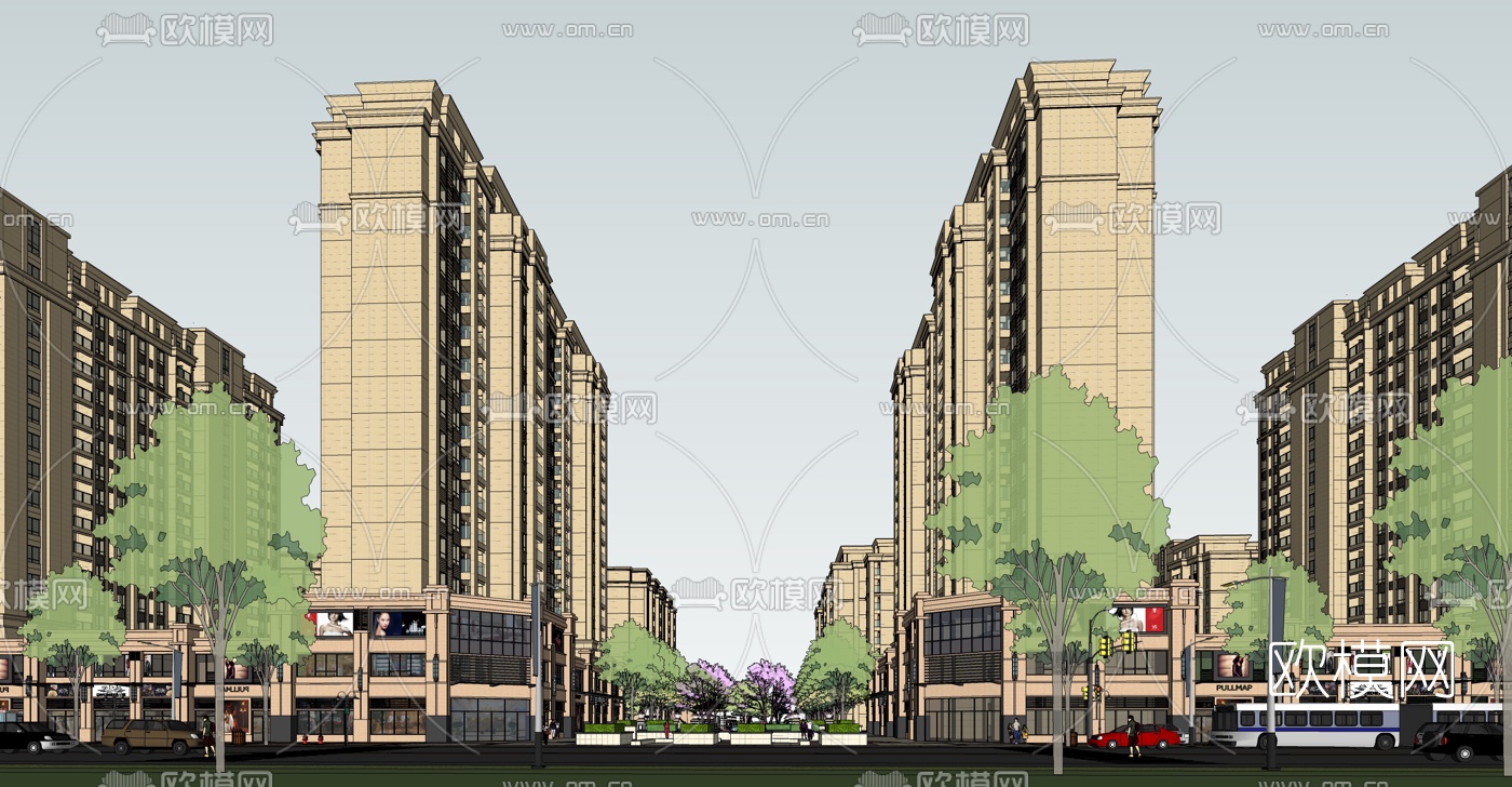 简欧住宅小区外观su模型下载（渲染图1）