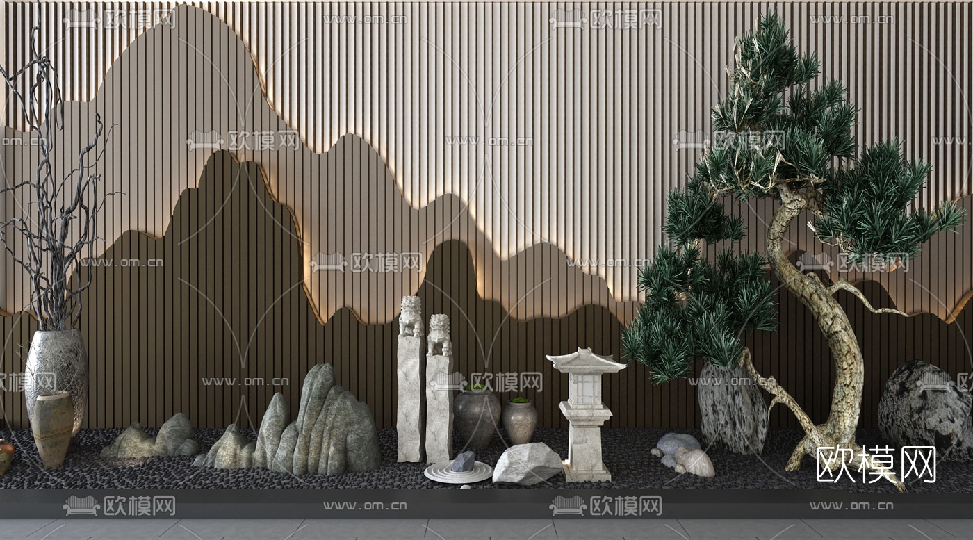 新中式松树岩石园艺小品3d模型