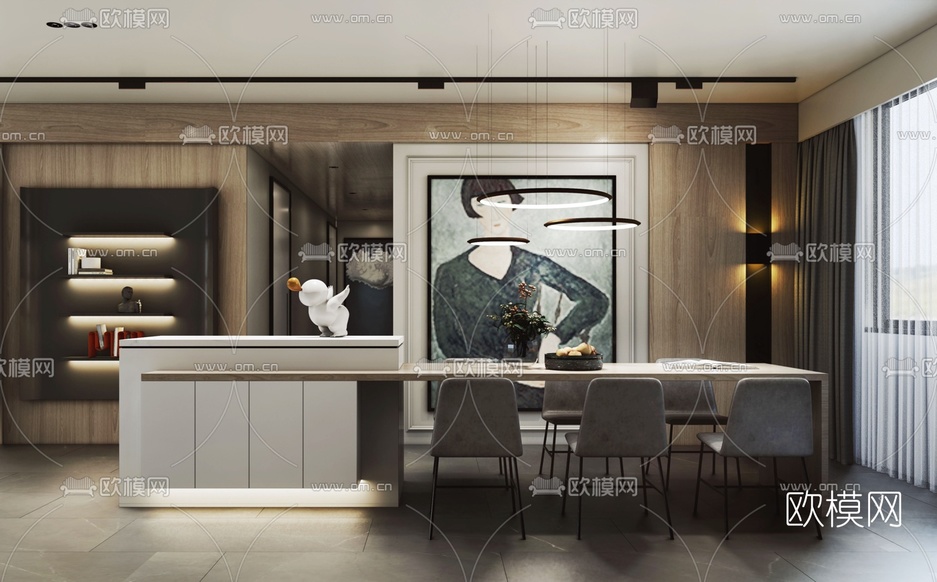 现代轻奢餐厅su模型下载(渲染图1)