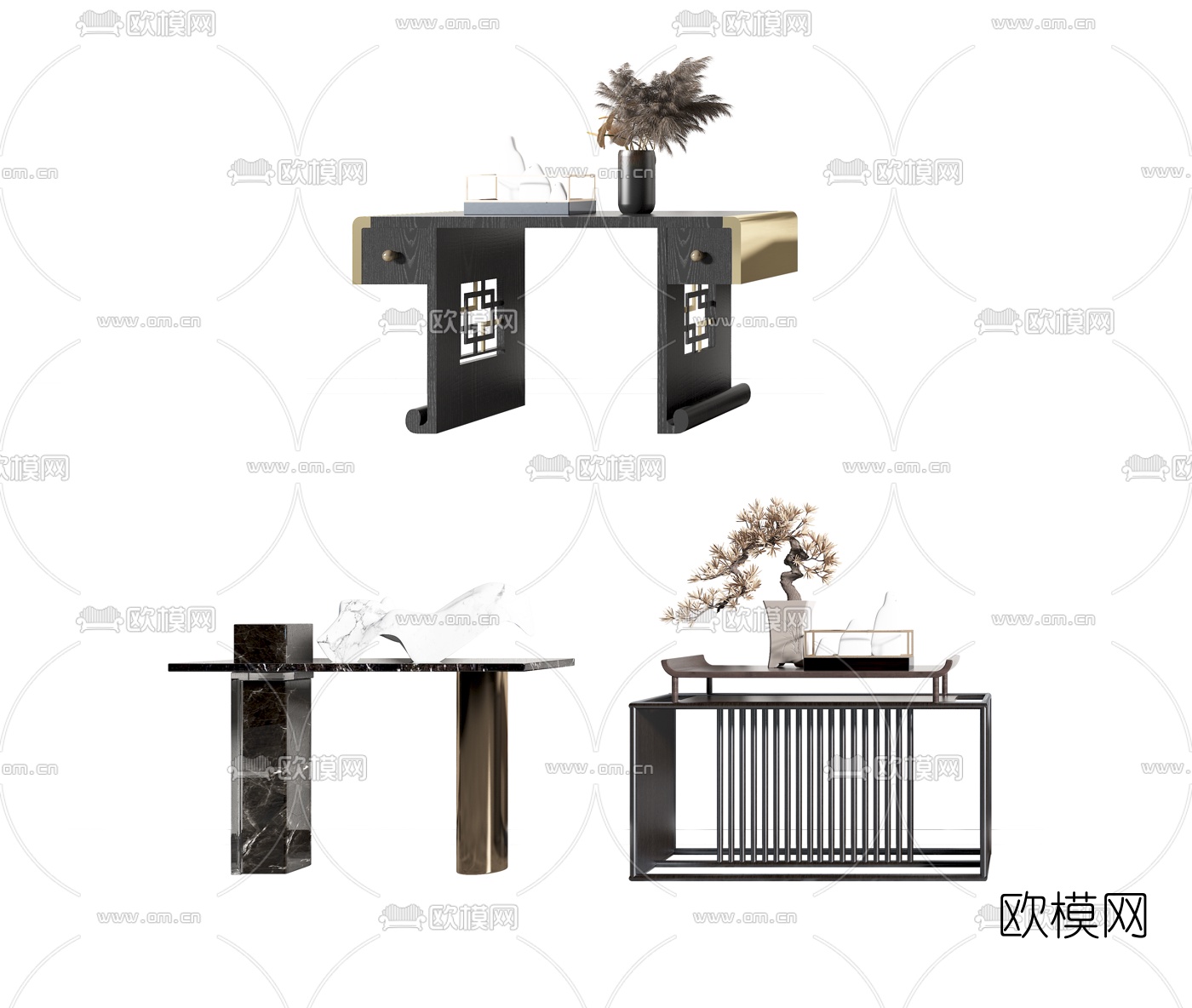 新中式实木端景条案3d模型下载（渲染图1）