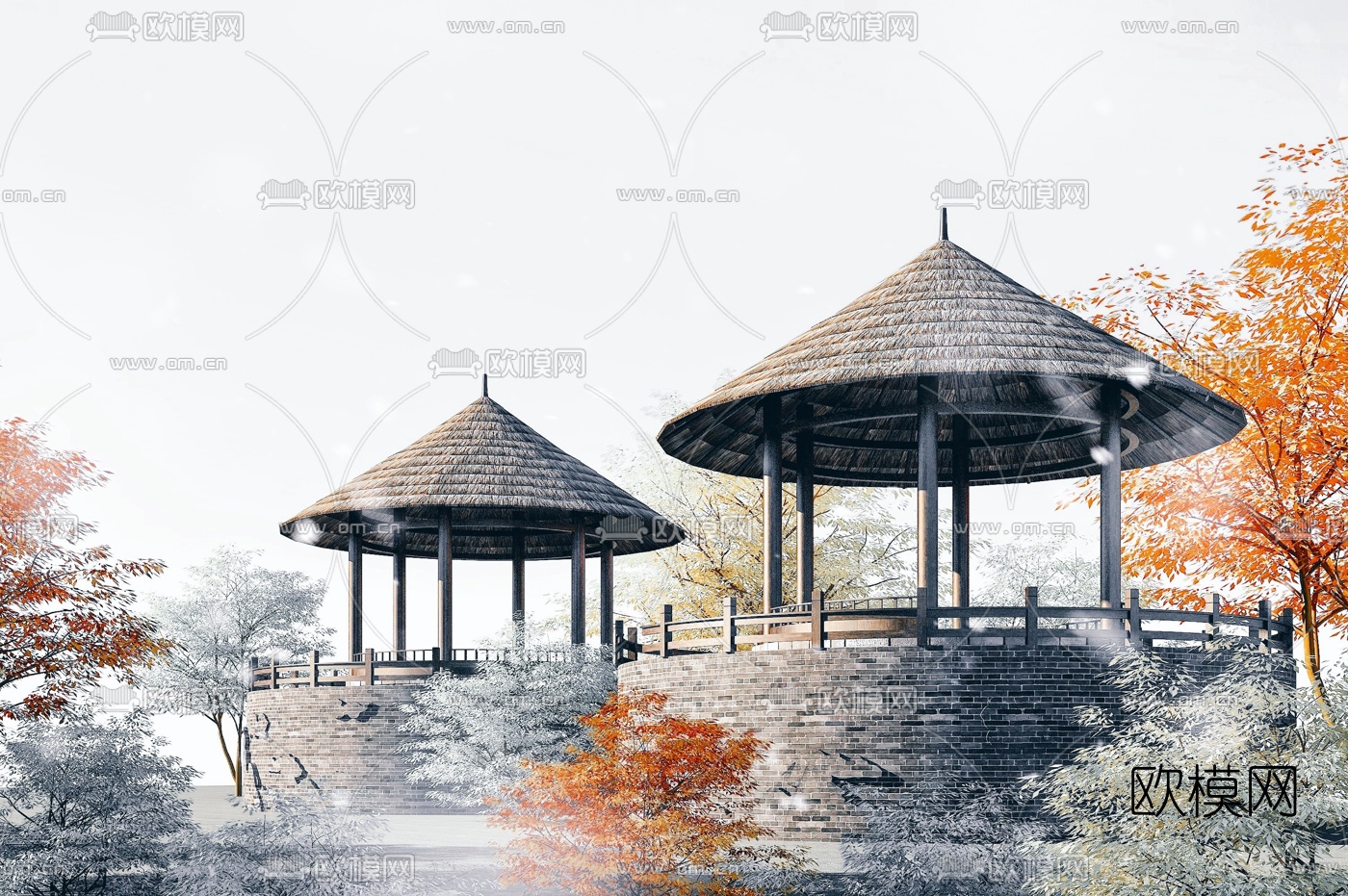 中式圆形茅草亭3d模型下载