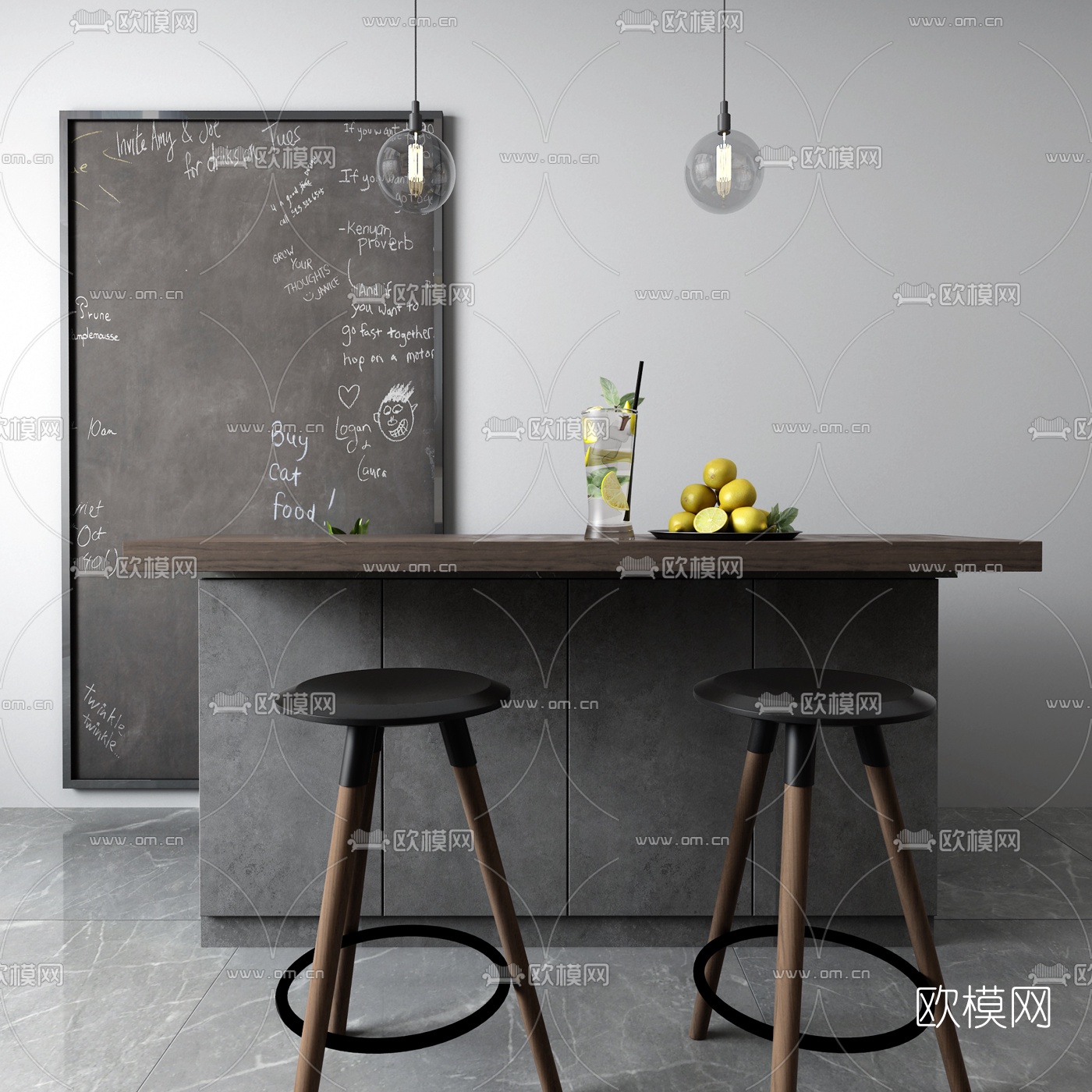 现代实木吧台吧椅3d模型下载