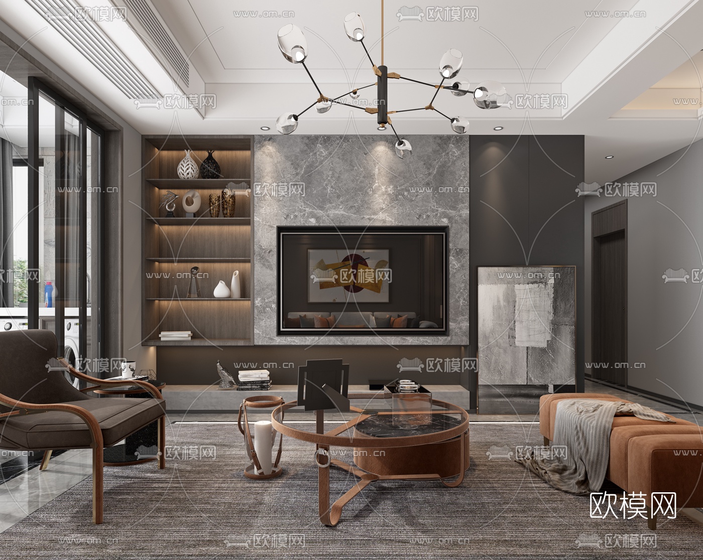 现代轻奢客厅餐厅3d模型下载（渲染图6）