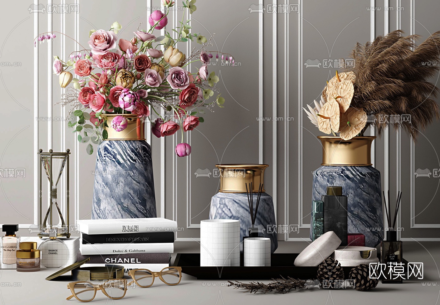 美式花瓶书籍摆件组合3d模型下载