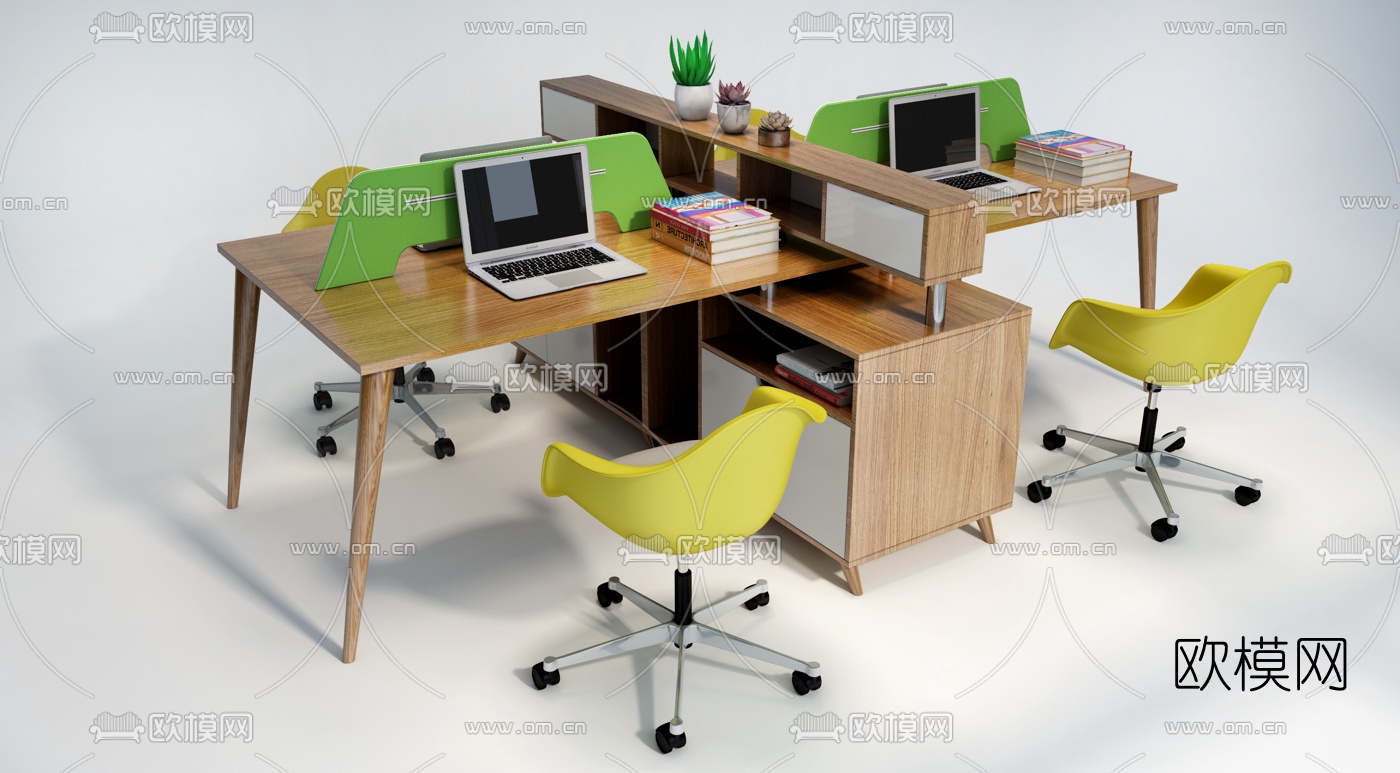 北欧实木卡位办公桌椅3d模型下载（渲染图2）
