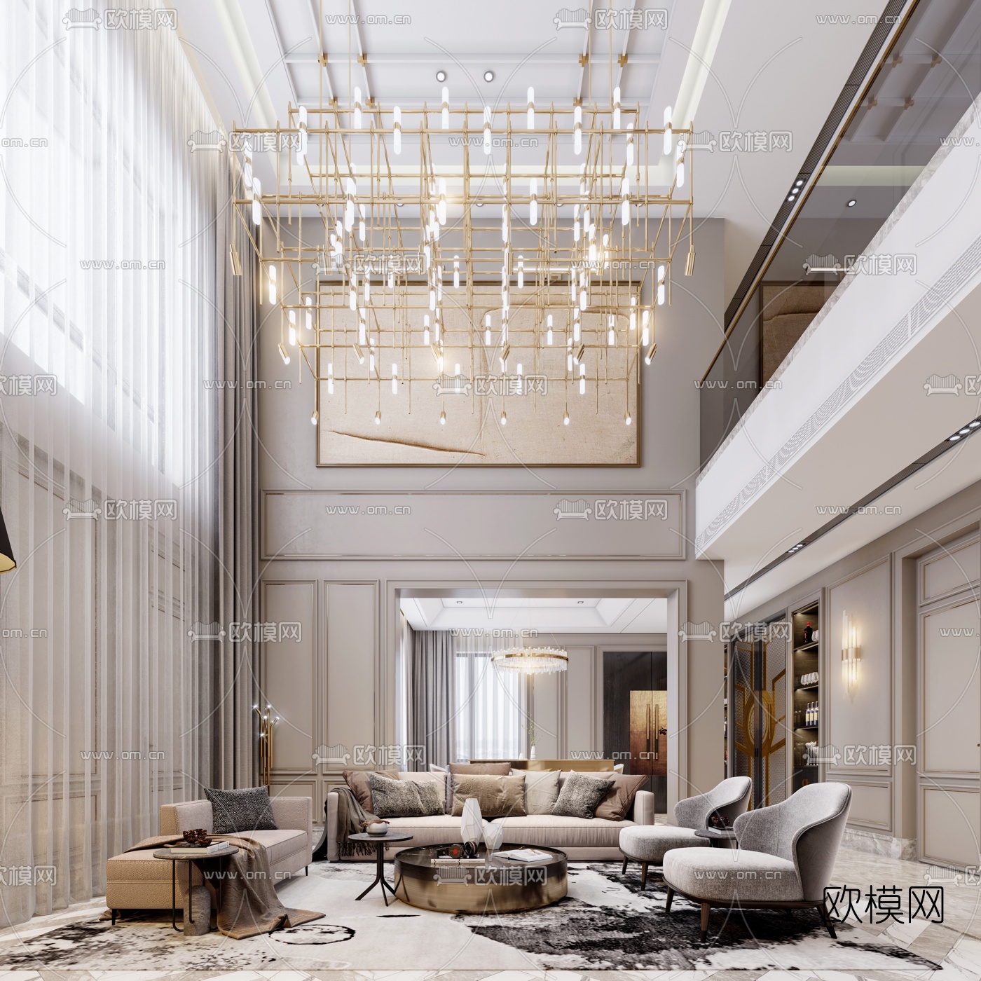 简美轻奢别墅客厅餐厅3d模型