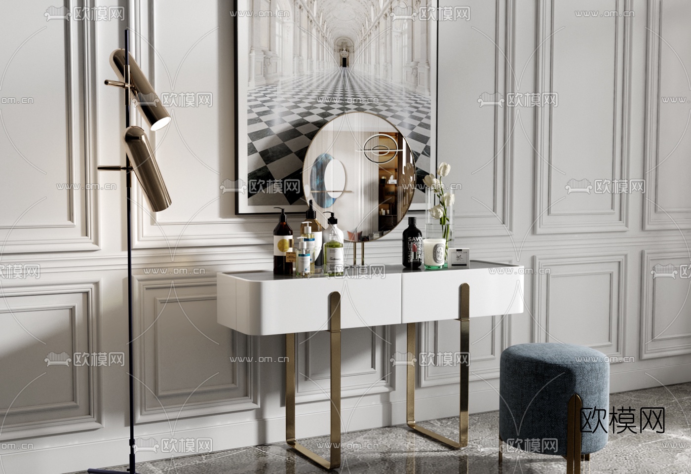 现代轻奢梳妆台3d模型下载（渲染图1）