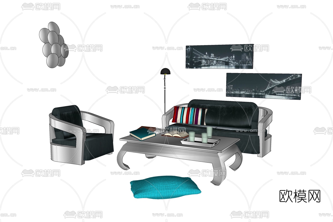 现代布艺组合沙发免费su模型下载