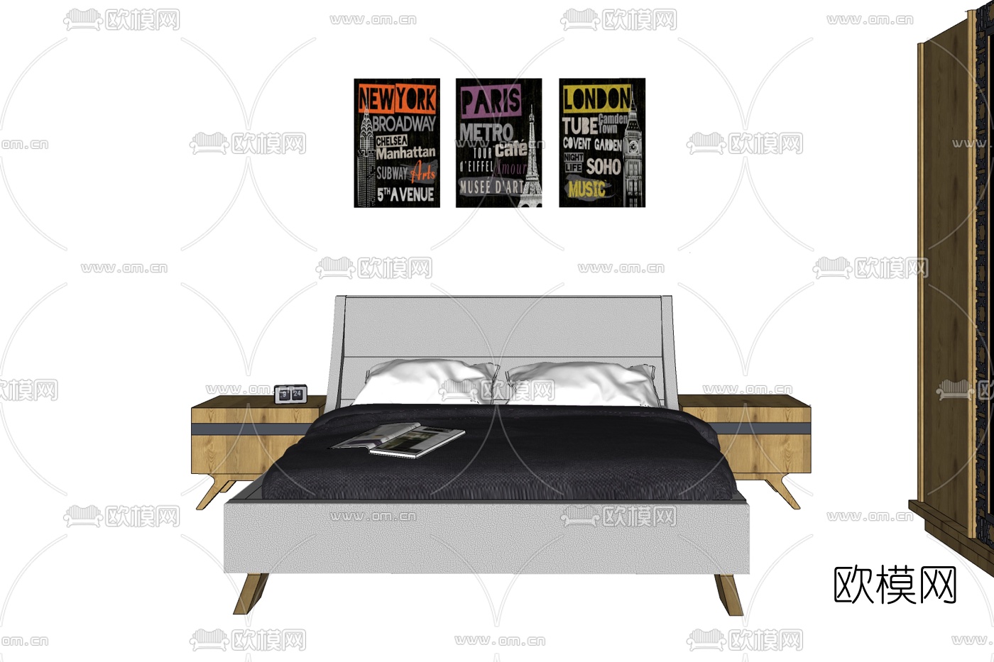 北欧布艺双人床免费su模型下载