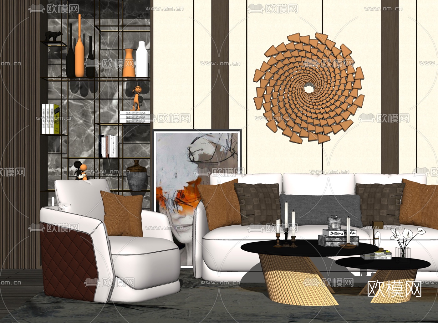 现代轻奢布艺沙发组合su模型