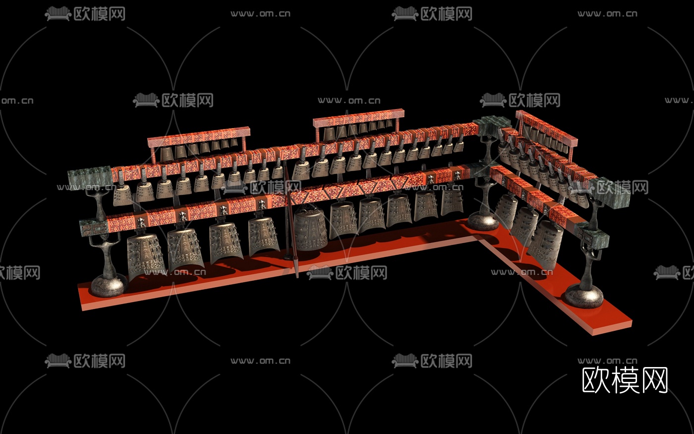 中式青铜编钟3D模型下载