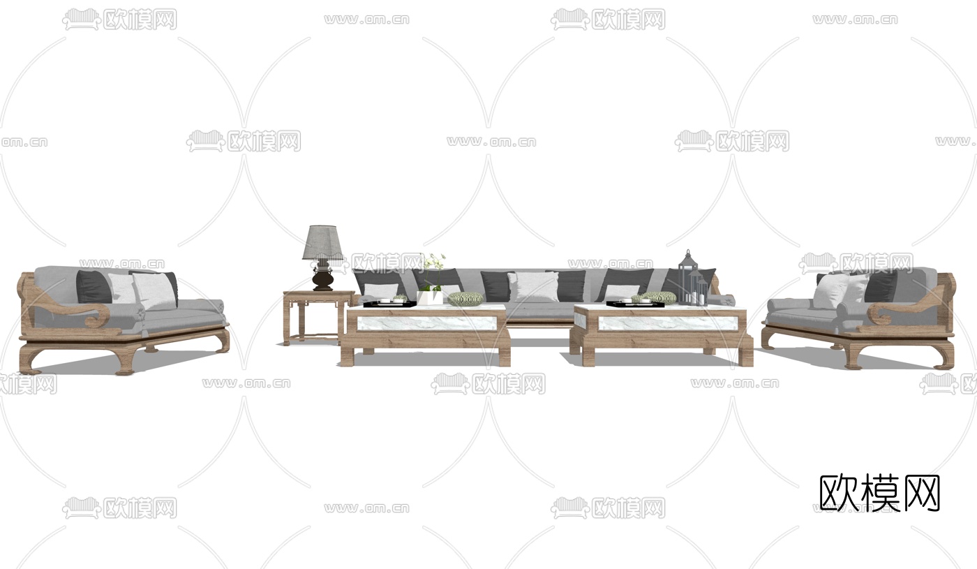新中式布艺沙发组合su模型下载（渲染图1）