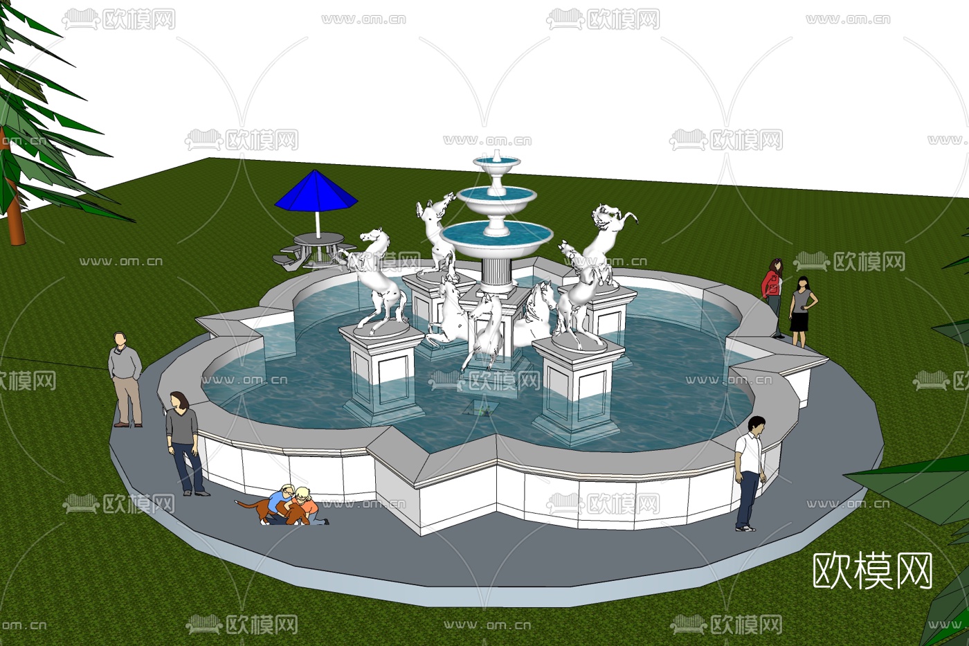 欧式奔马雕塑喷泉小品免费su模型下载