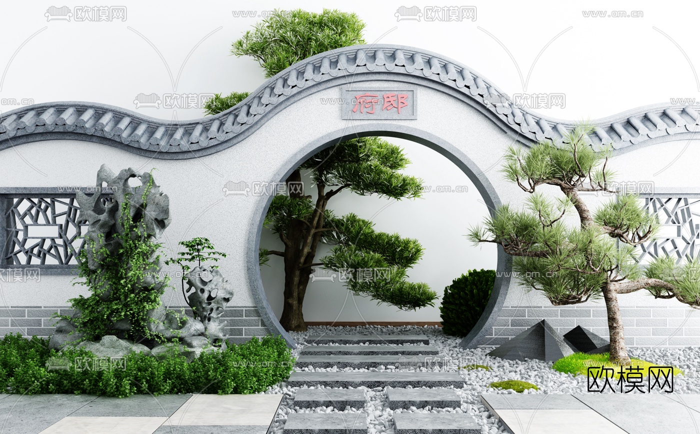新中式松树围墙景观小品3d模型