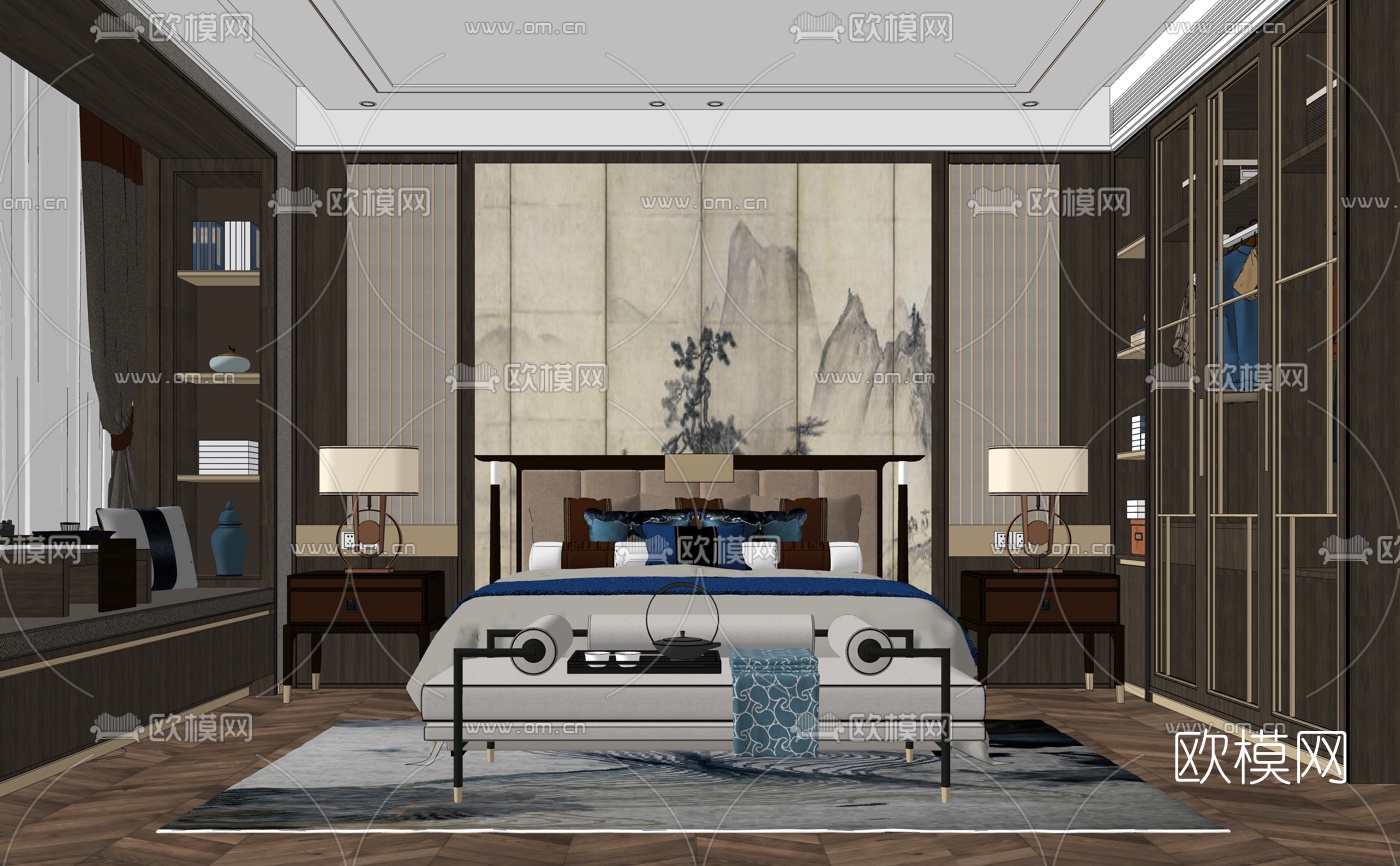 新中式卧室su模型下载（渲染图3）