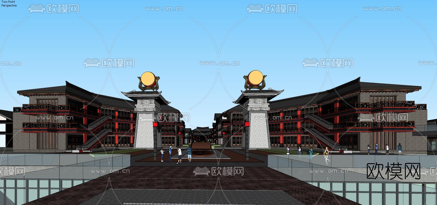中式汉唐风商业街su模型下载（渲染图2）