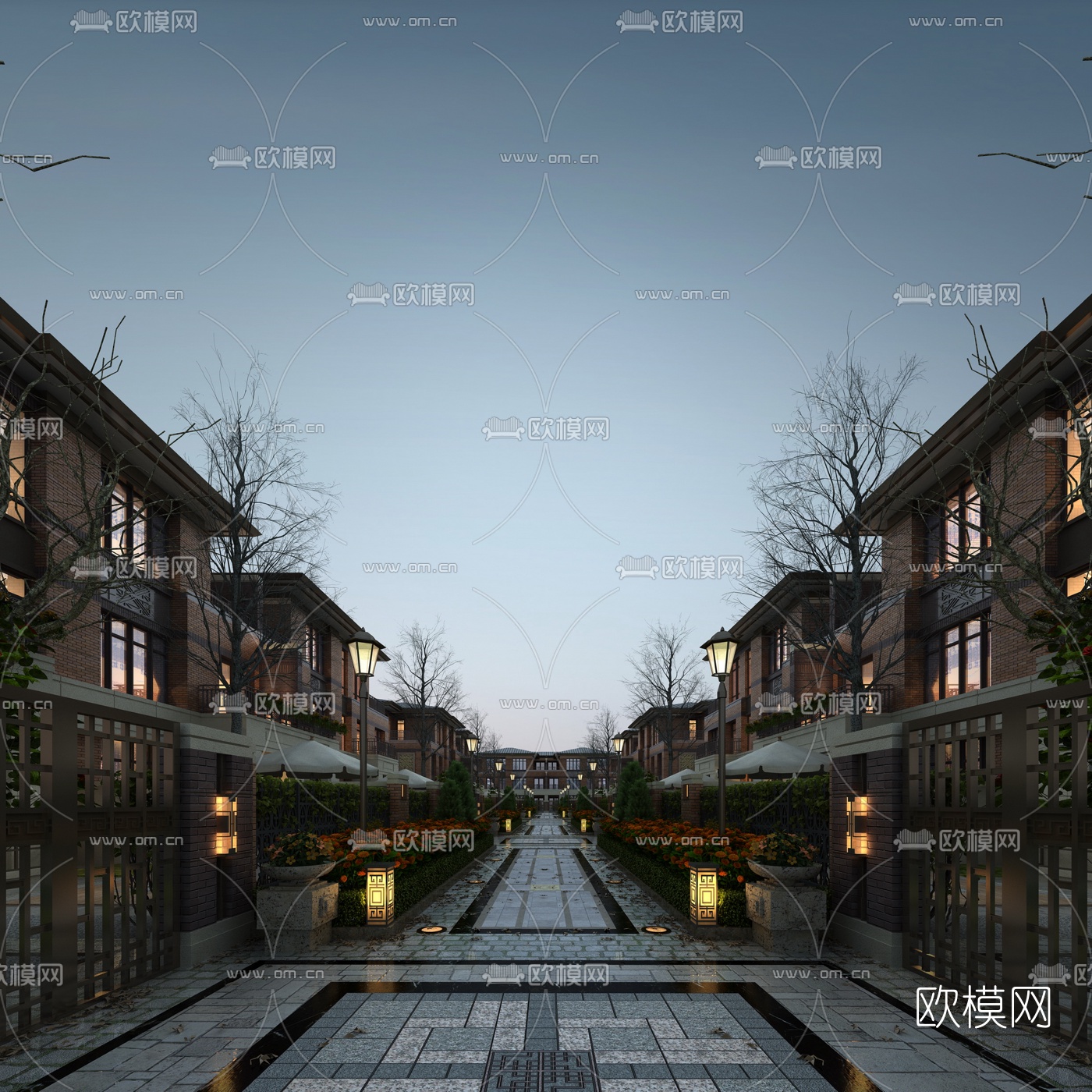 新中式联排别墅外观夜景3d模型下载