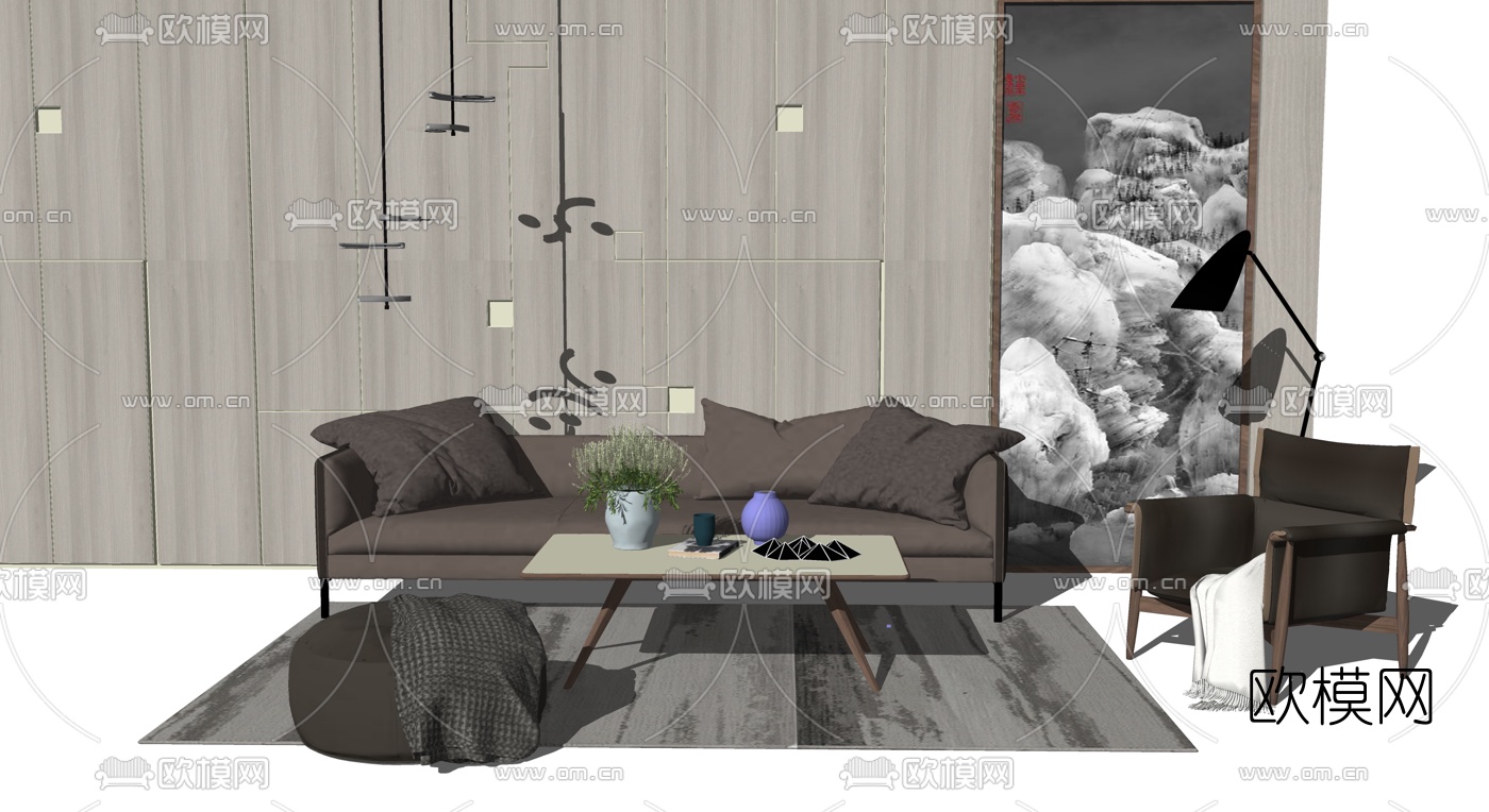 北欧布艺组合沙发su模型下载