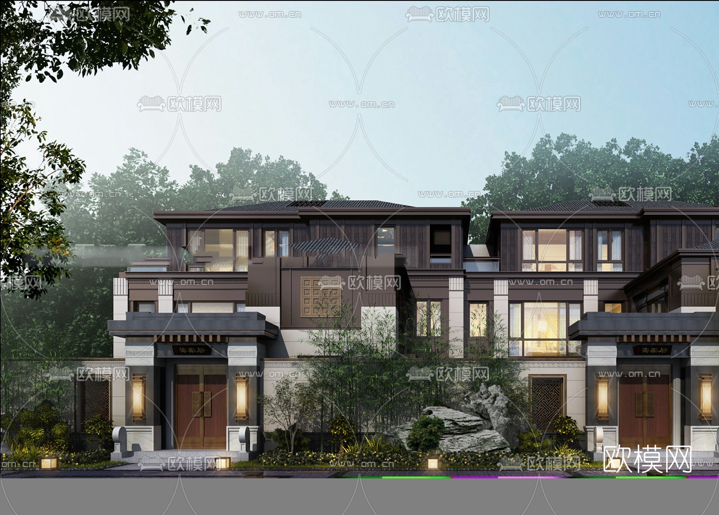 新中式独栋别墅su模型下载（渲染图1）
