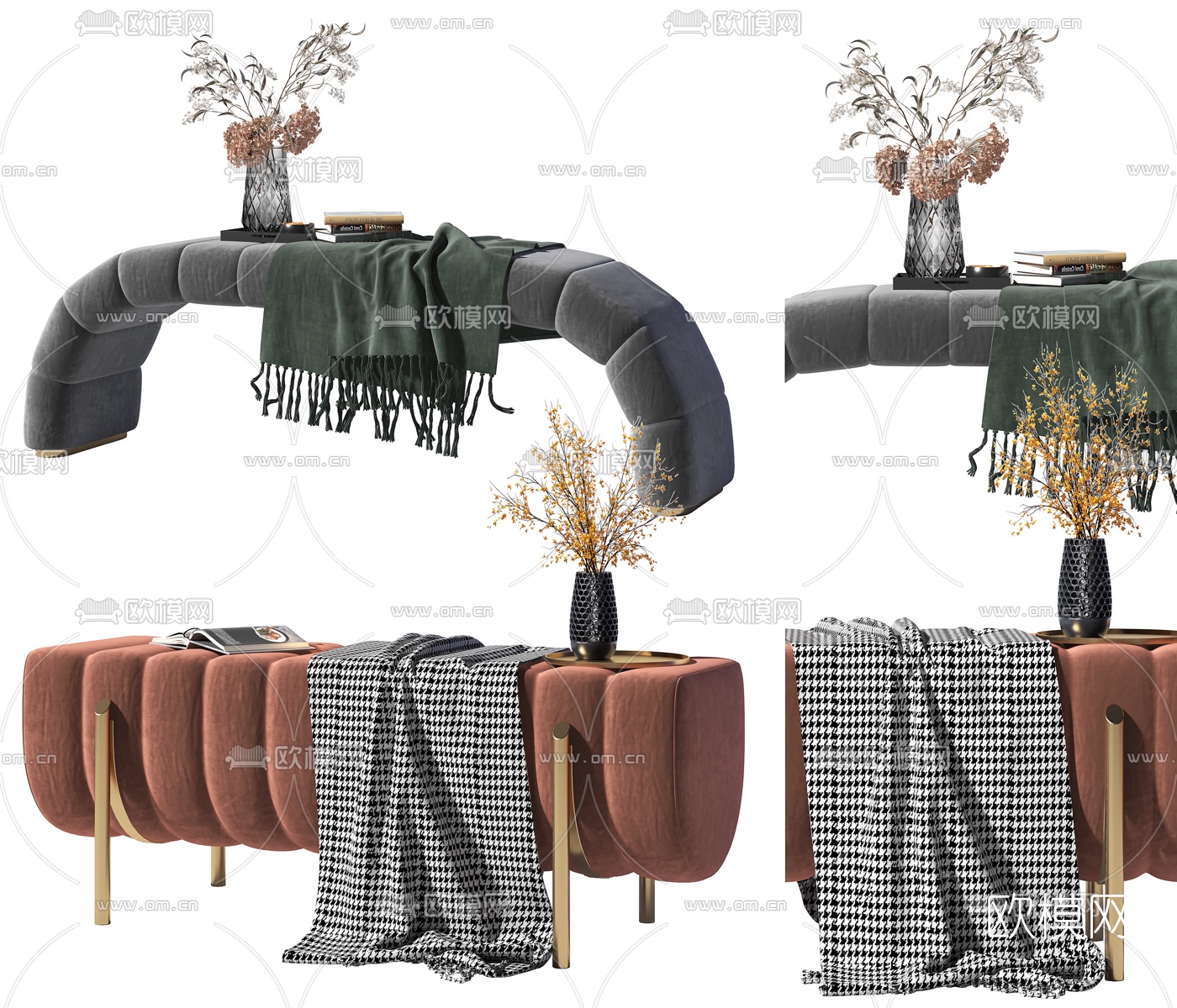 现代布艺床尾凳3d模型下载（渲染图1）