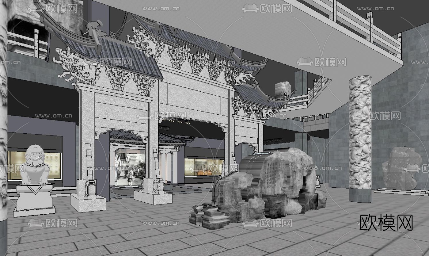 中式石雕展会su模型下载（渲染图1）