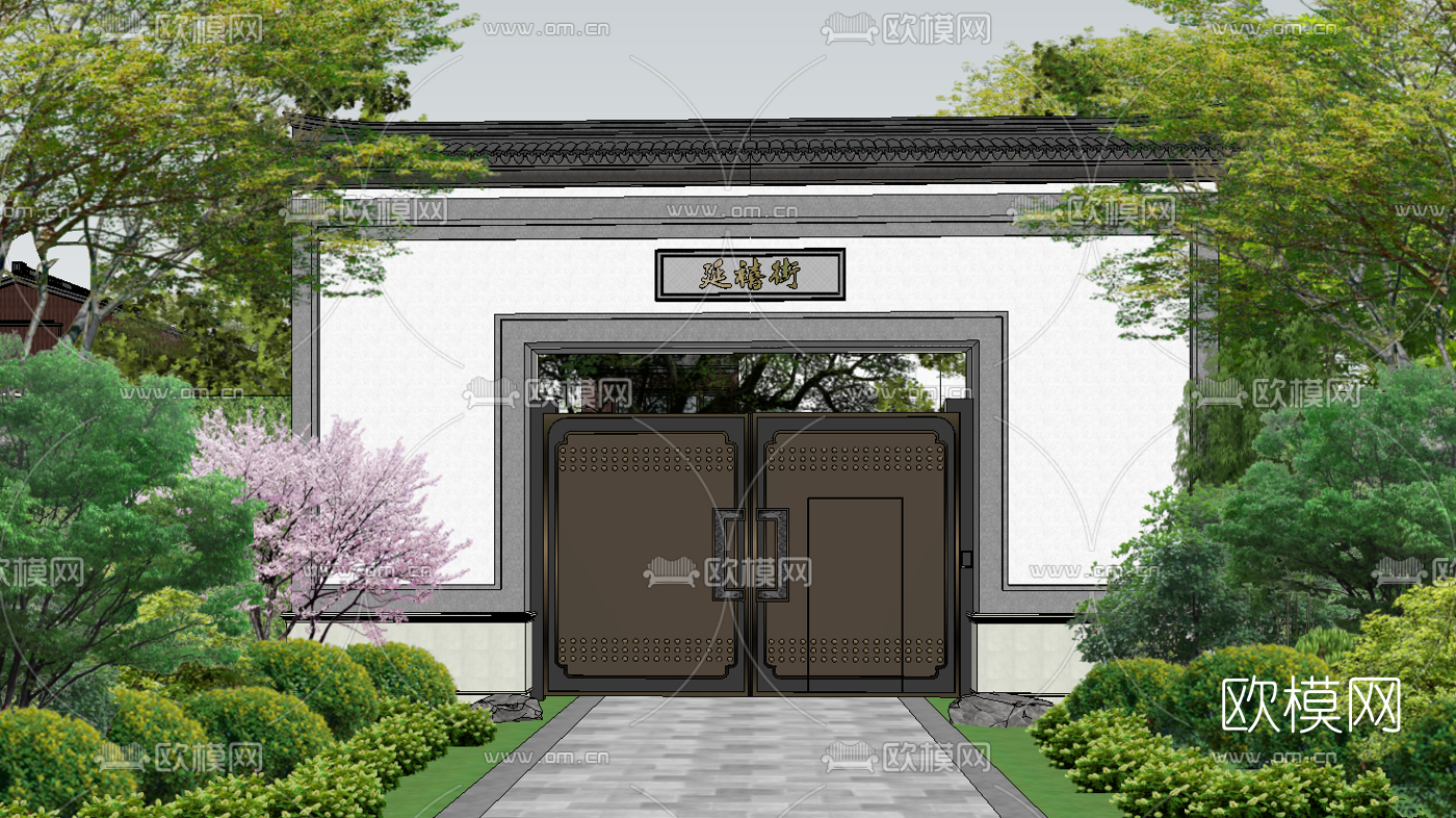 新中式别墅庭院景观su模型下载（渲染图5）