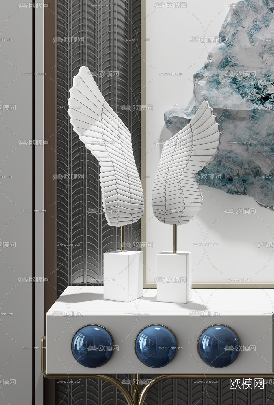 元禾大千设计 现代纯白翅膀羽翼摆件3d模型下载
