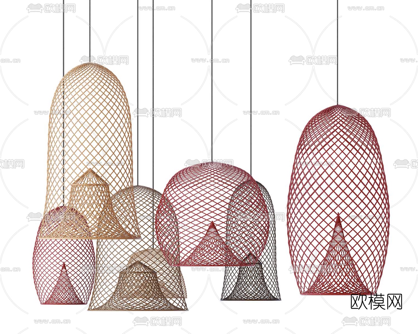 中式网格吊灯组合3d模型下载