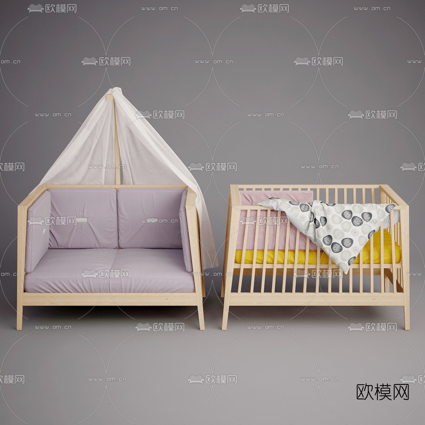北欧原木婴儿床3d模型下载