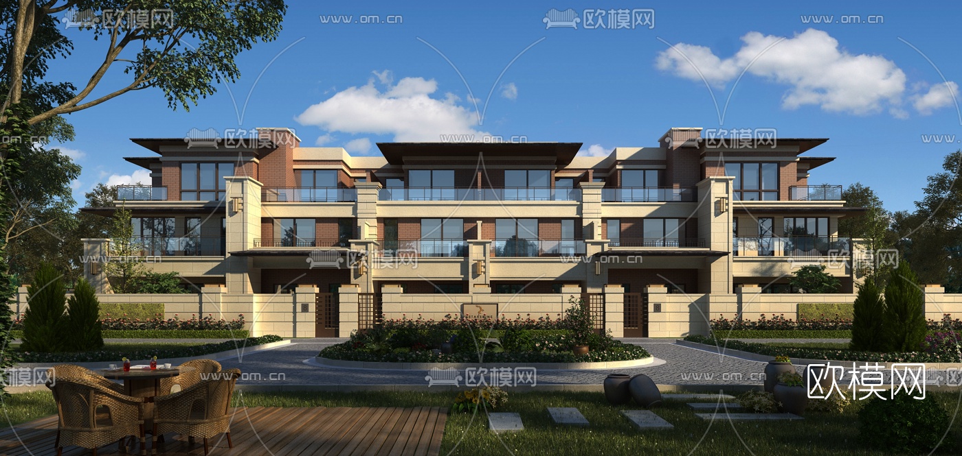 现代联排别墅建筑外观3d模型-免费3dmax模型库-欧模网