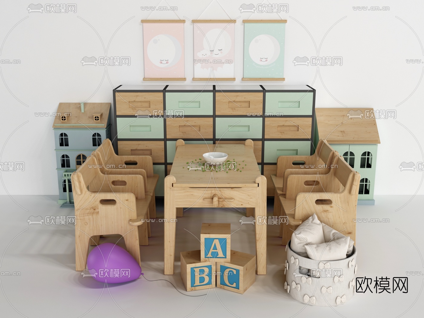 现代实木儿童桌椅3d模型下载