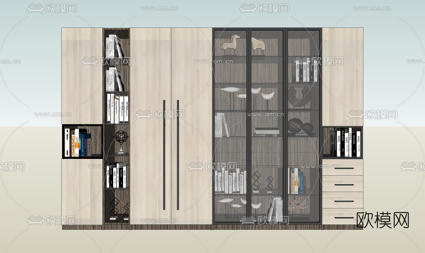 现代实木书柜su模型下载（渲染图1）