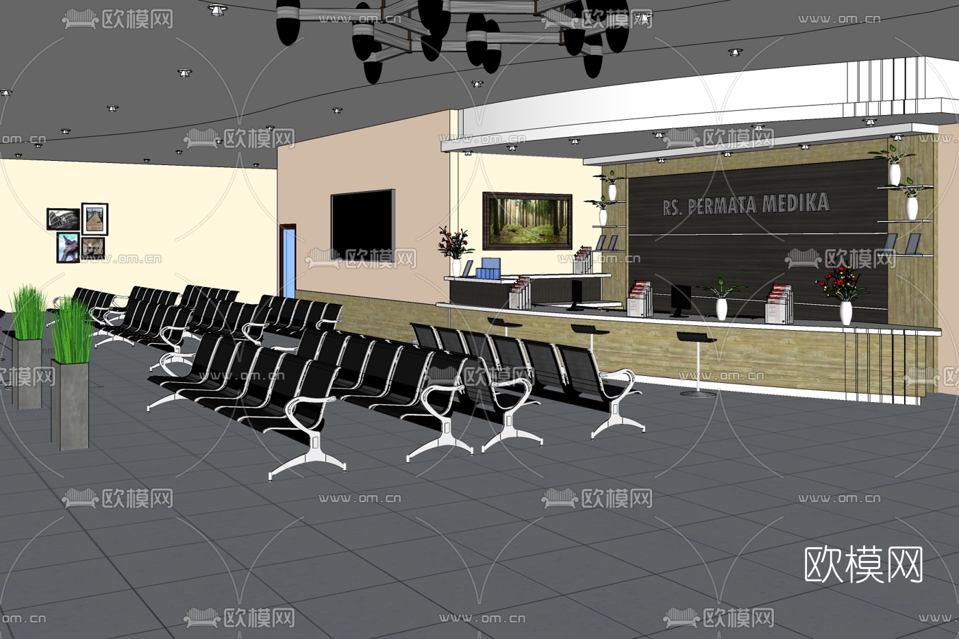 现代服务中心办公大厅免费su模型下载
