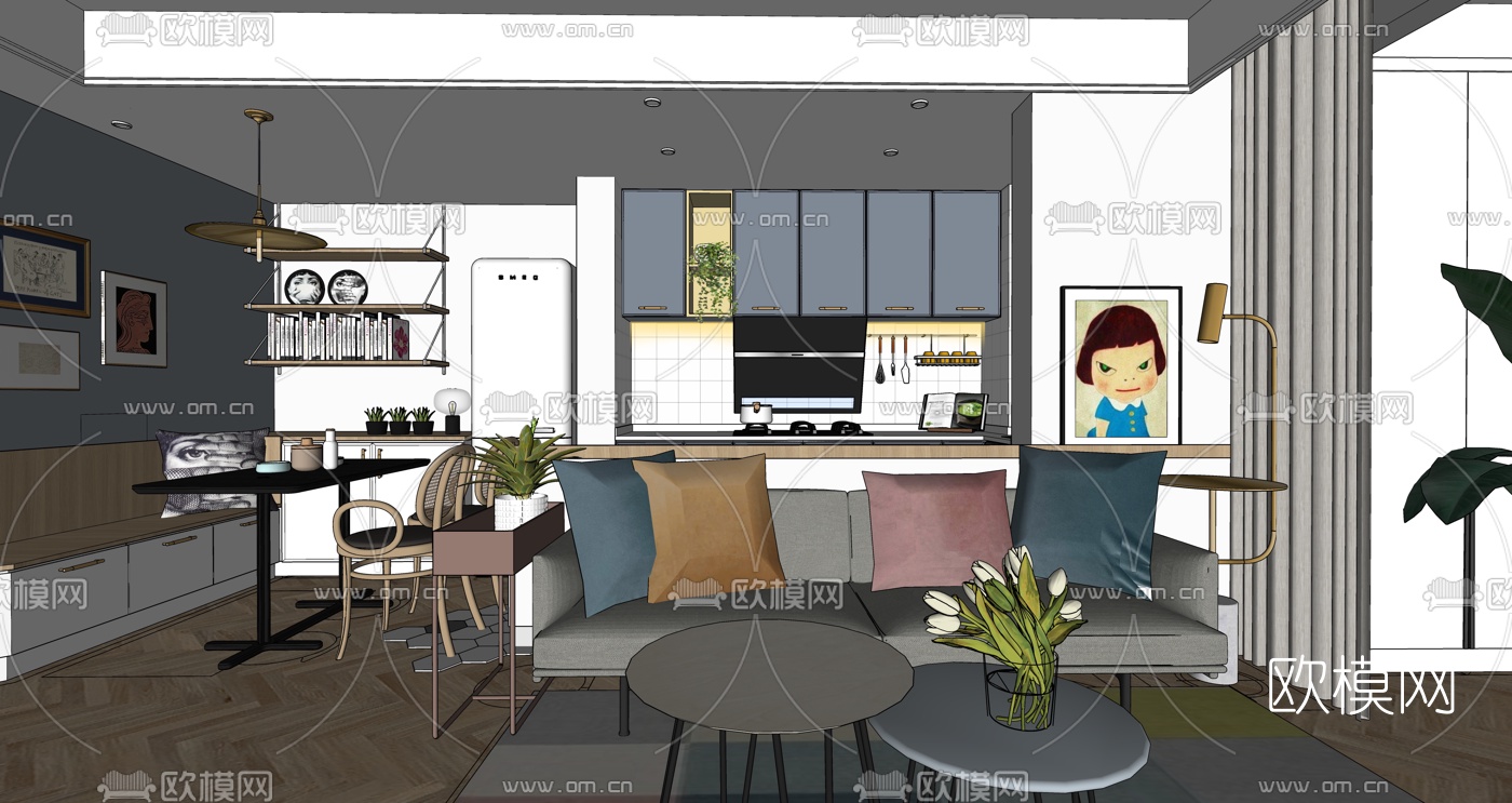 北欧客厅餐厅卧室su模型下载（渲染图3）