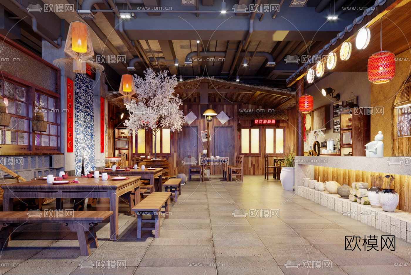 中式复古餐厅火锅店3d模型
