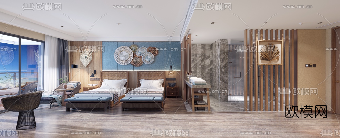 东南亚酒店客房双床房3d模型下载（渲染图1）