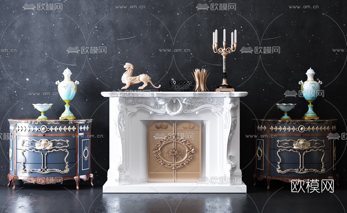欧式装饰壁炉端景柜3d模型下载（渲染图1）
