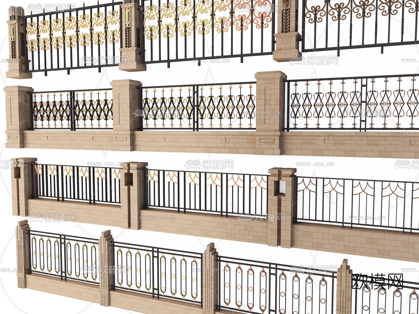 欧式围墙铁艺围栏3d模型下载（渲染图2）