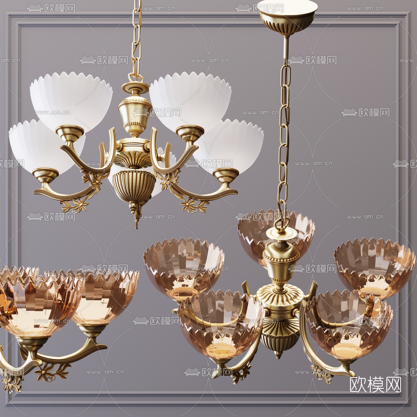 欧式金属玻璃吊灯3d模型下载