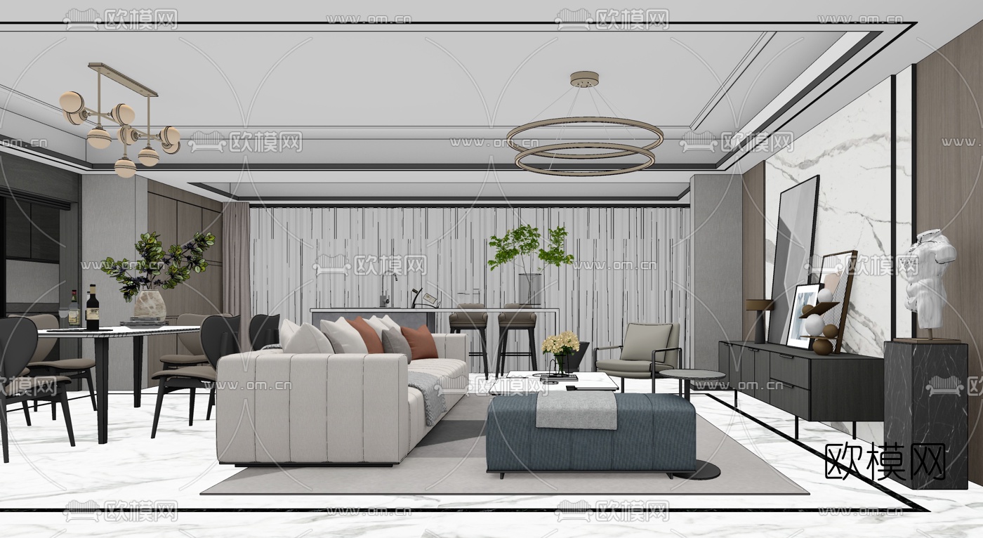现代轻奢客厅餐厅su模型下载（渲染图2）