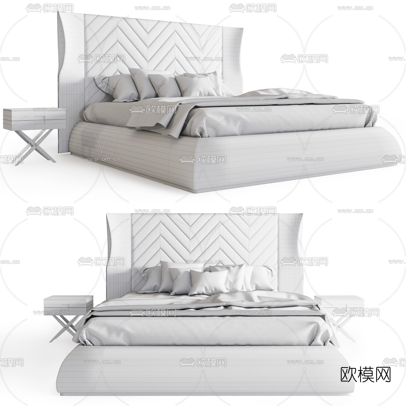 现代布艺双人床3d模型下载（渲染图3）